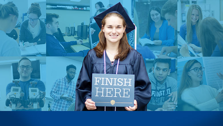 Student in grad cap and gown superimposed over a collage of student photos