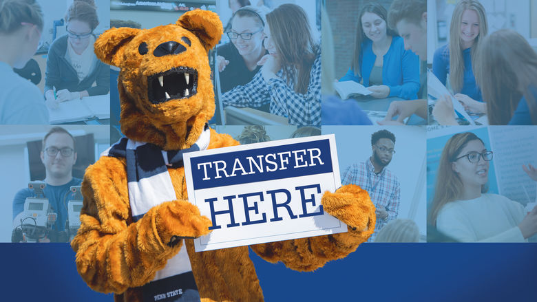 Nittany lion mascot holding sign that read Transfer Here.