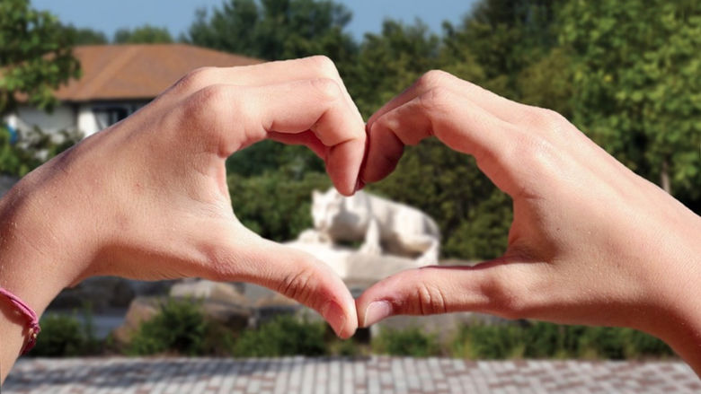 two hands form the shape of a heart around the Nittany Lion Shrine in the distance