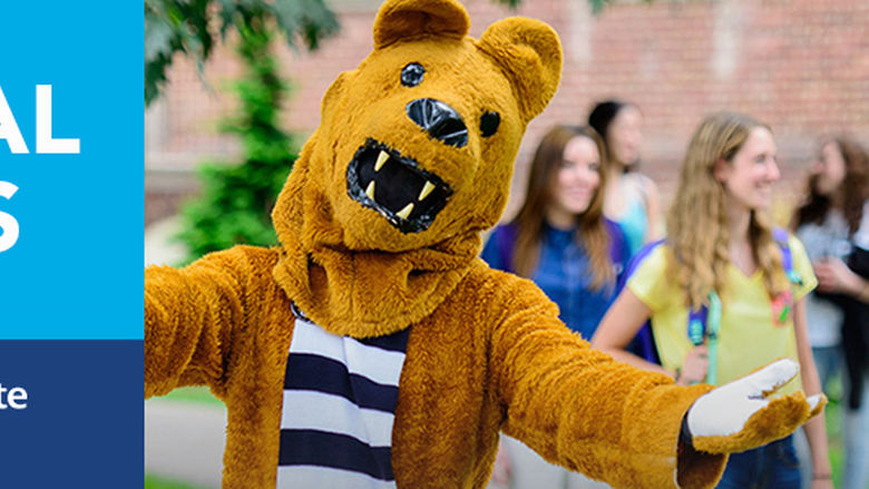 Lion mascot with outstretched arms and Virtual Visits sign