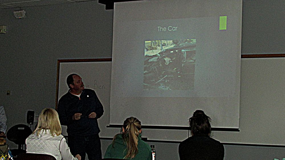 students see photo of car crash Dave Bieri shows class a photo of his totaled car