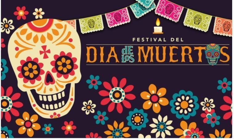 Graphic with colorfully decorated skull, flowers and Dia de los Muertos highlighted.