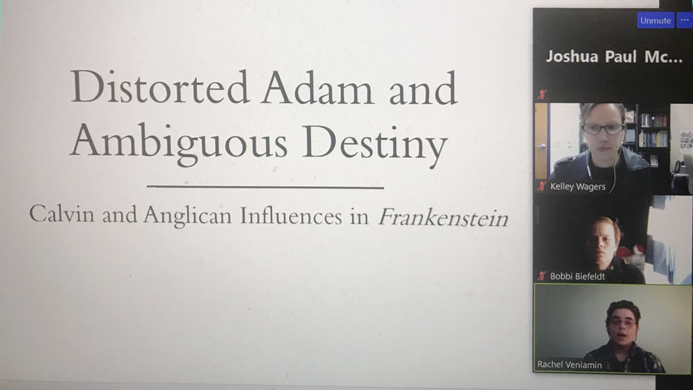 screen shot of virtual presentation. Document on display reads: "Distorted Adam and Ambiguous Destiny. Calvin and Anglican Influences in Frankenstein"