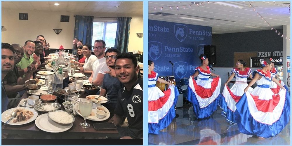 at left, students have dinner at an indian restaurant to experience that culture's cuisine; at right Mexican dancers perform as part of a past Hispanic Heritage Month event at the campus