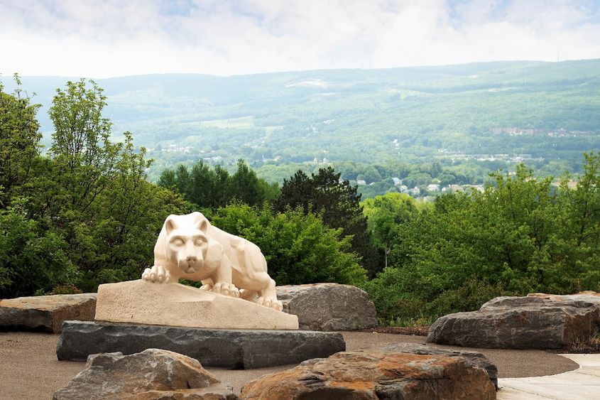 Nittany Lion Shrine at the Scranton campus with view of mountains behind it