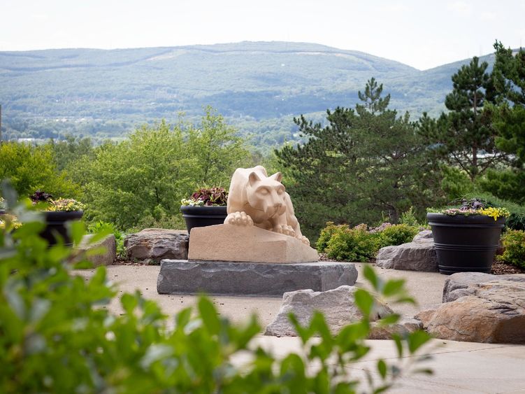 Photo of Scranton's NIttany Lion shrine with mountains in the background