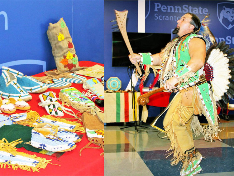 A table of Native American items on display at Penn State Scranton; at right, Frank Littlebear performs a Native American dance during his presentation on Native American history