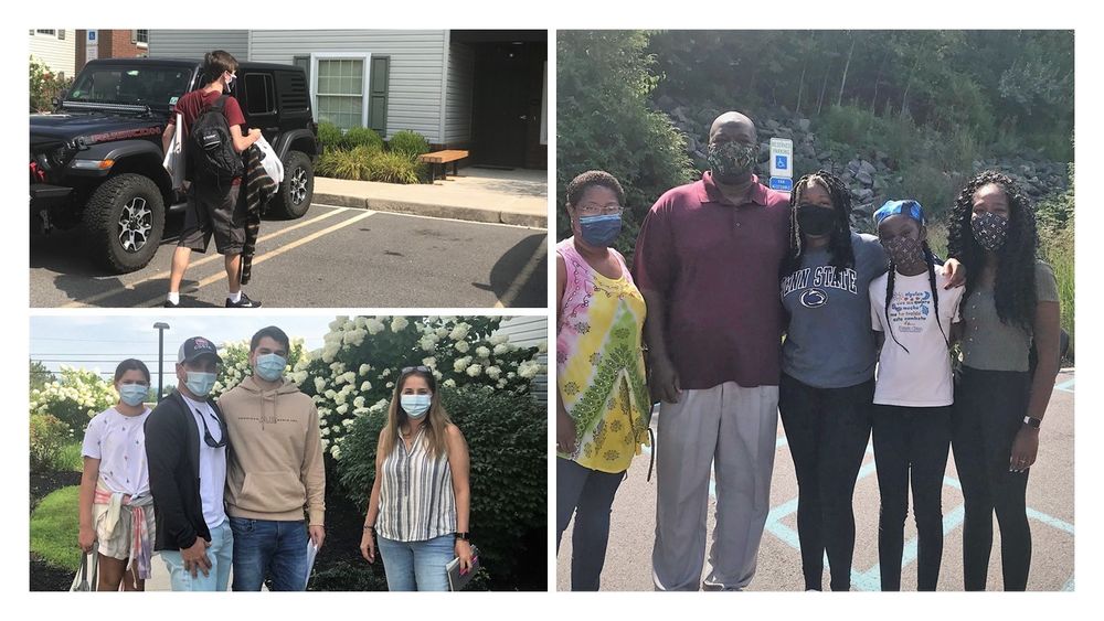 photo collage of two families posing for a photo on moving in day and a student carrying belongings into his new apartment