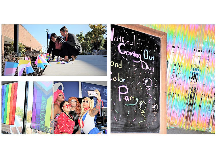 collage of photos from National Coming Out Day at Penn State Scranton showing event decorations, and student posing for selfie with drag queens