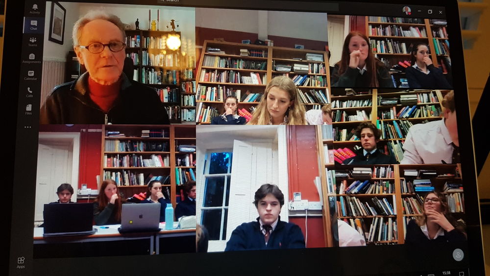 Professor emeritus Phil Mosley on a Teams virtual class session with students at norwich school