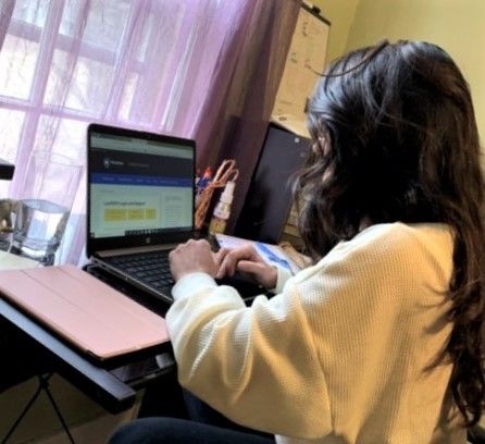 Psychology graduate Gina Romano goes over some of her research at her home desk on her laptop