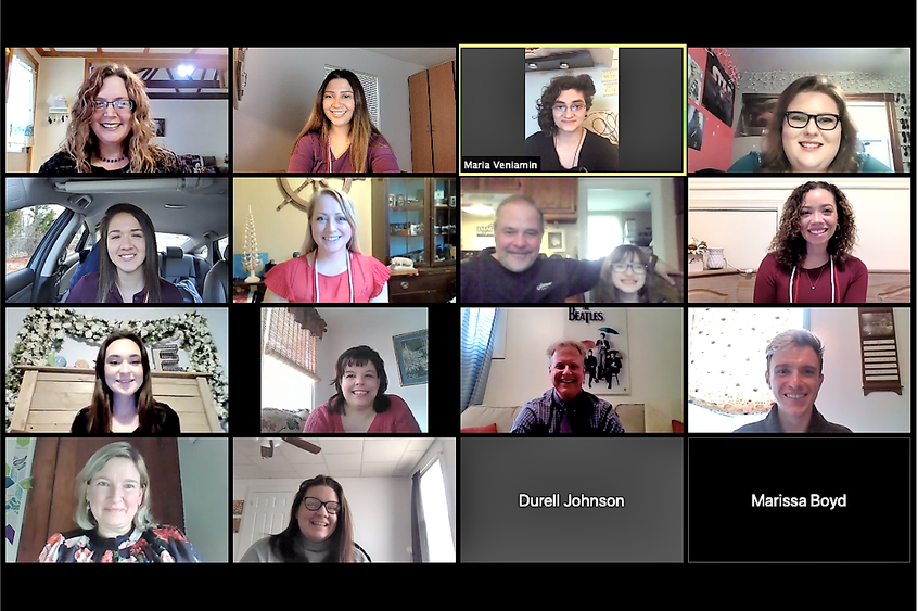 screen shot of students attending a ZOOM video conference to celebrate the Lambda Pi Eta cord recipients