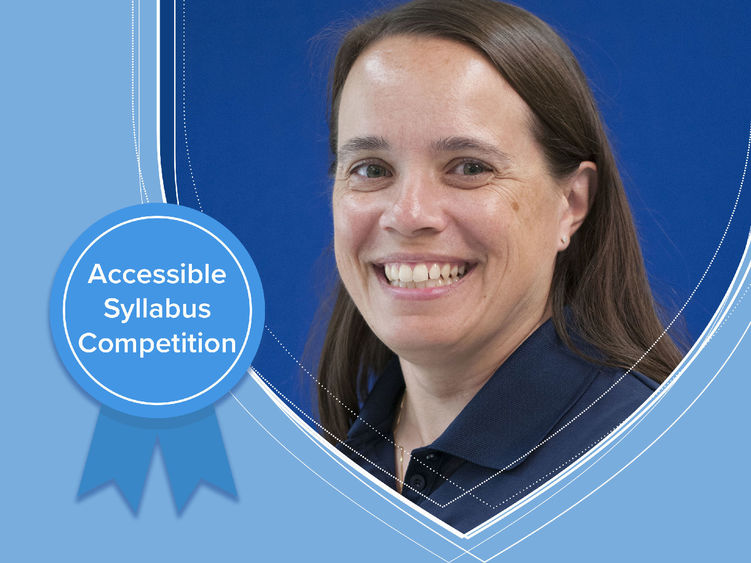 Headshot of smiling Gina Gray with a blue ribbon reading accessible syllabus competition