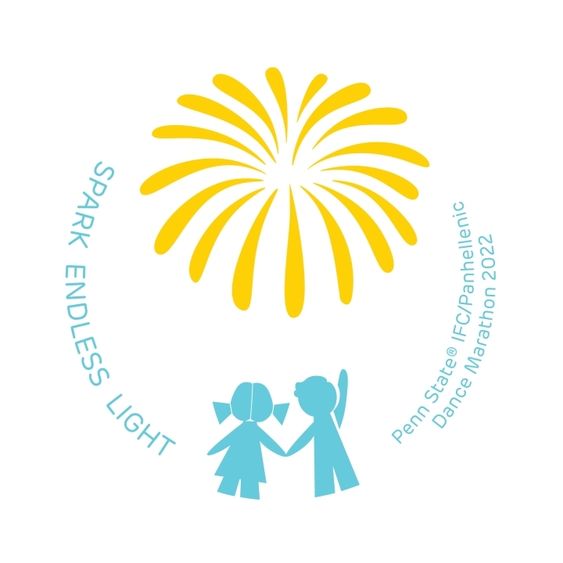 Spark Endless Light logo for THON featuring a burst of yellow light on a white background with two graphic representations of children below the starburst