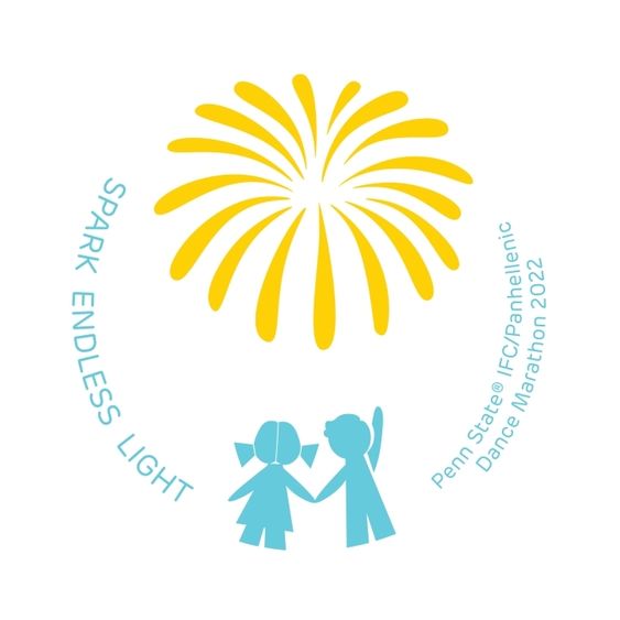 Spark Endless Light logo for THON featuring a burst of yellow light on a white background with two graphic representations of children below the starburst 