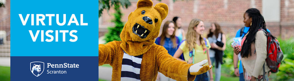 Lion mascot with outstretched arms and Virtual Visits sign